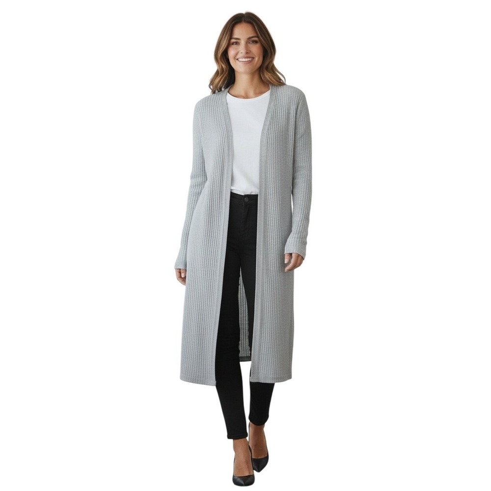 Vista Milano Gray Cotton Ribbed Open Front Cardigan Sweater Long Sleeve Fits S M